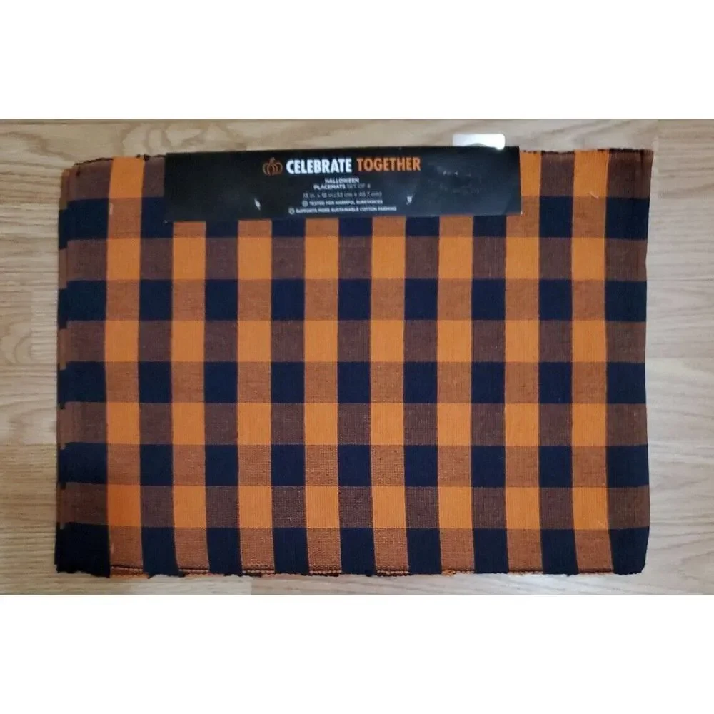 Halloween Woven Placemats Set‎ of 4 Black and Orange plaid Reversible 13 x 18 in